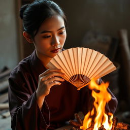 A person gently fanning a glowing ember with a traditional hand fan