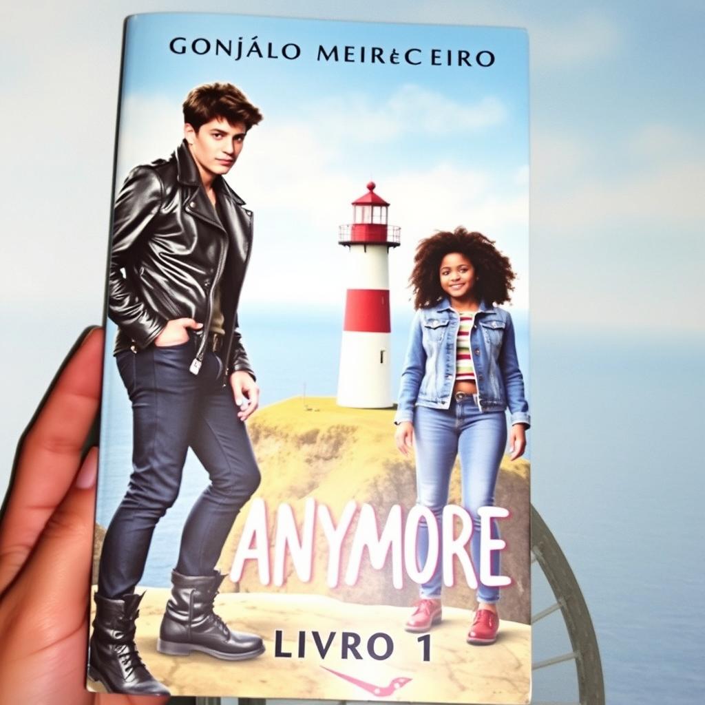 A romantic book cover featuring two teenage bikers on a cliff with a lighthouse in the background