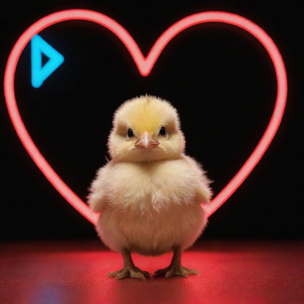 A adorable baby chick standing under a glowing neon sign shaped like a heart.