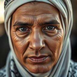 A close-up portrait of a Muslim person with a neutral expression