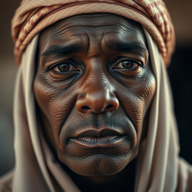 A close-up portrait of a Muslim person with a neutral expression