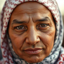 A close-up portrait of a Muslim person with a neutral expression