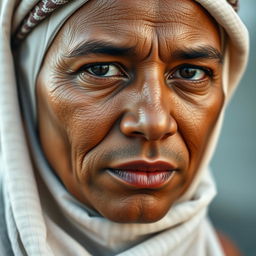 A close-up portrait of a Muslim person with a neutral expression