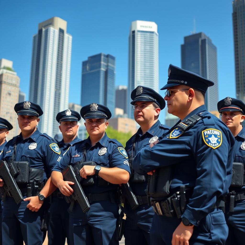 A group of police officers in action, wearing navy blue uniforms with badges, hats, and tactical gear, standing vigilant in an urban setting, skyscrapers in the background, showcasing bravery and camaraderie