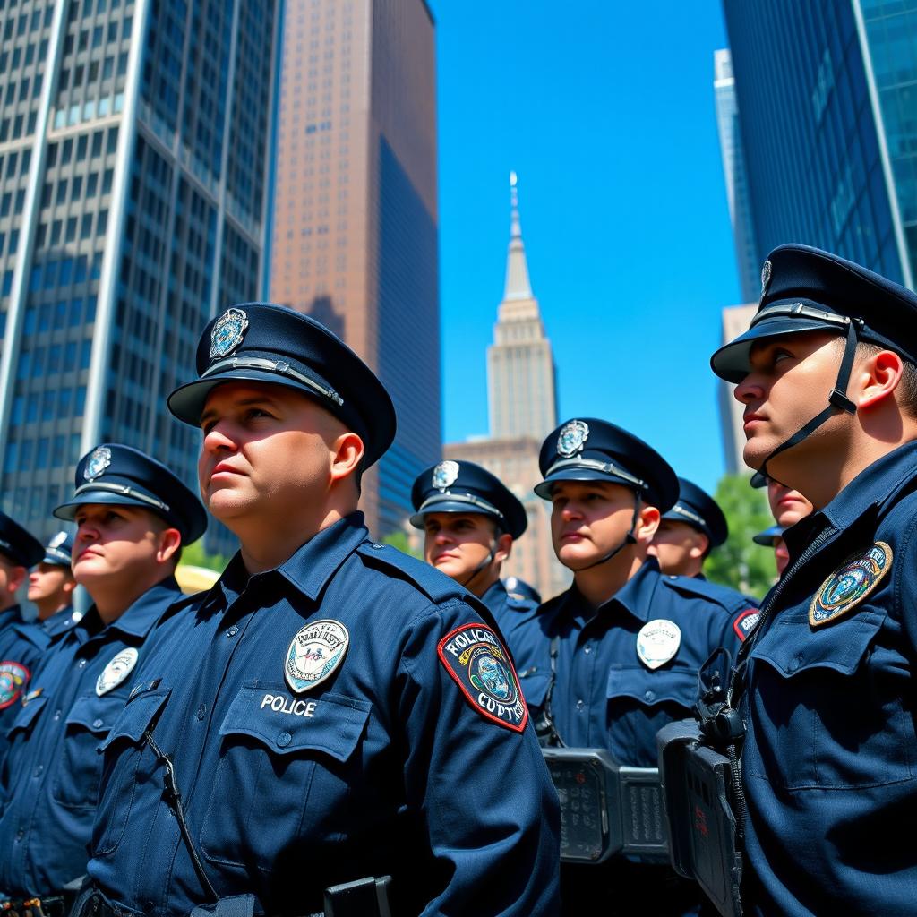 A group of police officers in action, wearing navy blue uniforms with badges, hats, and tactical gear, standing vigilant in an urban setting, skyscrapers in the background, showcasing bravery and camaraderie