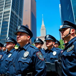 A group of police officers in action, wearing navy blue uniforms with badges, hats, and tactical gear, standing vigilant in an urban setting, skyscrapers in the background, showcasing bravery and camaraderie