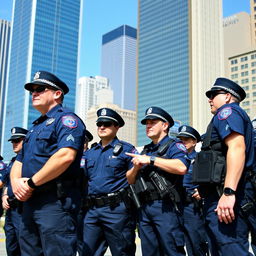 A group of police officers in action, wearing navy blue uniforms with badges, hats, and tactical gear, standing vigilant in an urban setting, skyscrapers in the background, showcasing bravery and camaraderie