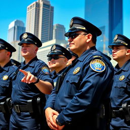 A group of police officers in action, wearing navy blue uniforms with badges, hats, and tactical gear, standing vigilant in an urban setting, skyscrapers in the background, showcasing bravery and camaraderie