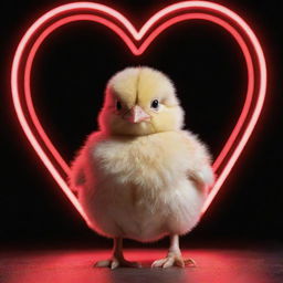 A adorable baby chick standing under a glowing neon sign shaped like a heart.