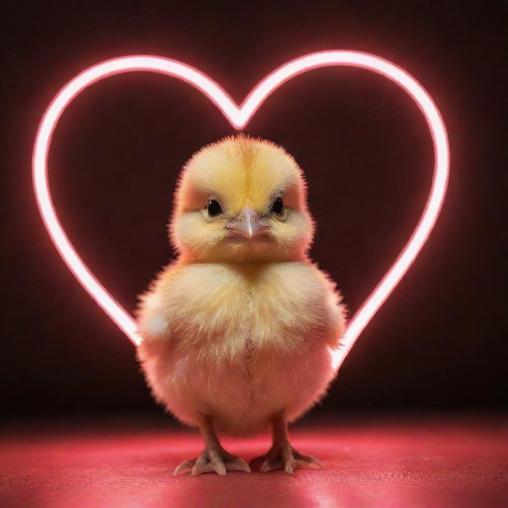 A adorable baby chick standing under a glowing neon sign shaped like a heart.