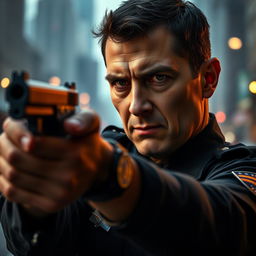 a police officer aiming a gun, intense focus in his eyes, tense situation with a city background, badge visible on uniform, realistic lighting