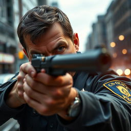 a police officer aiming a gun, intense focus in his eyes, tense situation with a city background, badge visible on uniform, realistic lighting