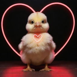 A adorable baby chick standing under a glowing neon sign shaped like a heart.