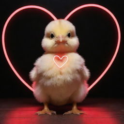 A adorable baby chick standing under a glowing neon sign shaped like a heart.