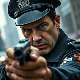 a police officer aiming a gun, intense focus in his eyes, tense situation with a city background, badge visible on uniform, realistic lighting