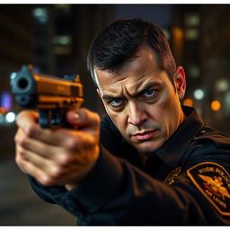 a police officer aiming a gun, intense focus in his eyes, tense situation with a city background, badge visible on uniform, realistic lighting