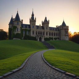 A majestic and ancient castle named "Legado dos Renascidos" standing proudly on a vast, lush green hill