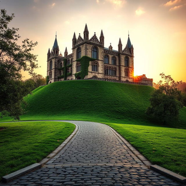 A majestic and ancient castle named "Legado dos Renascidos" standing proudly on a vast, lush green hill