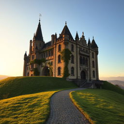 A majestic and ancient castle named "Legado dos Renascidos" standing proudly on a vast, lush green hill