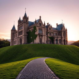 A majestic and ancient castle named "Legado dos Renascidos" standing proudly on a vast, lush green hill