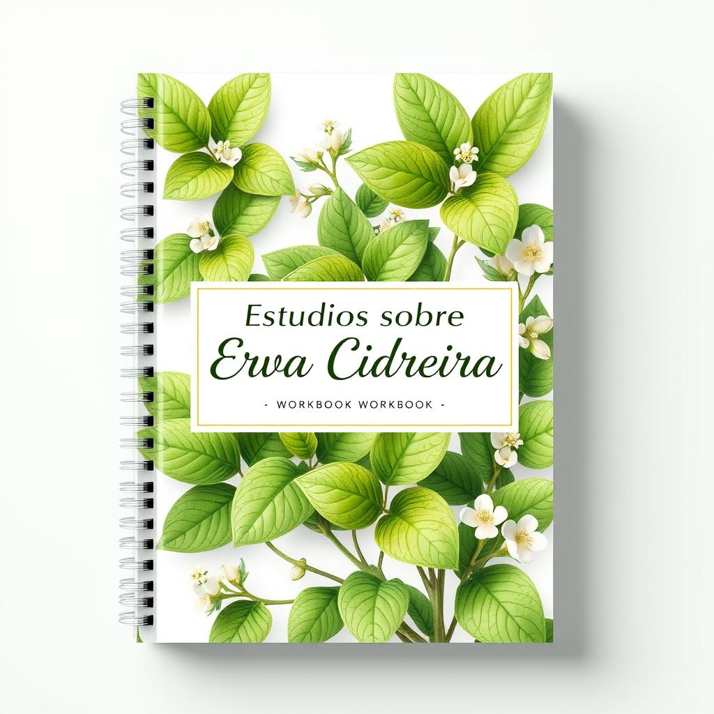 A workbook cover featuring lemon balm (erva cidreira) with elegant and organic design elements