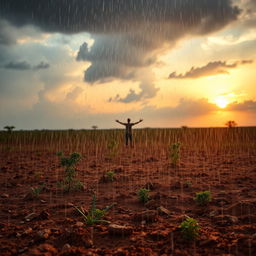 A scene depicting a rain shower during a dry season