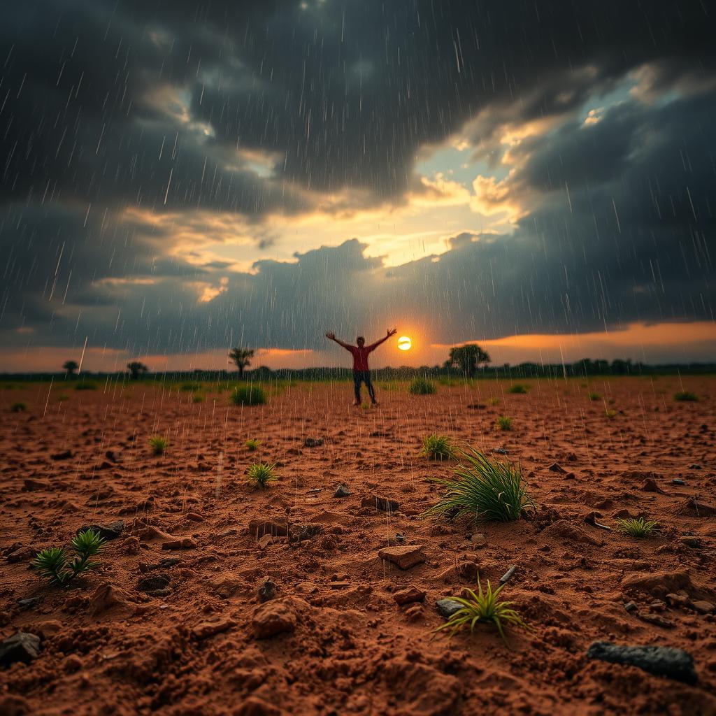 A scene depicting a rain shower during a dry season