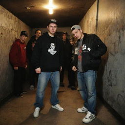 Underground Russian rap scene atmosphere in 2007, showcasing urban streets, graffiti art, and hip-hop culture.