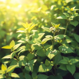 A beautiful and serene illustration of lemon balm (erva cidreira) in a lush garden setting
