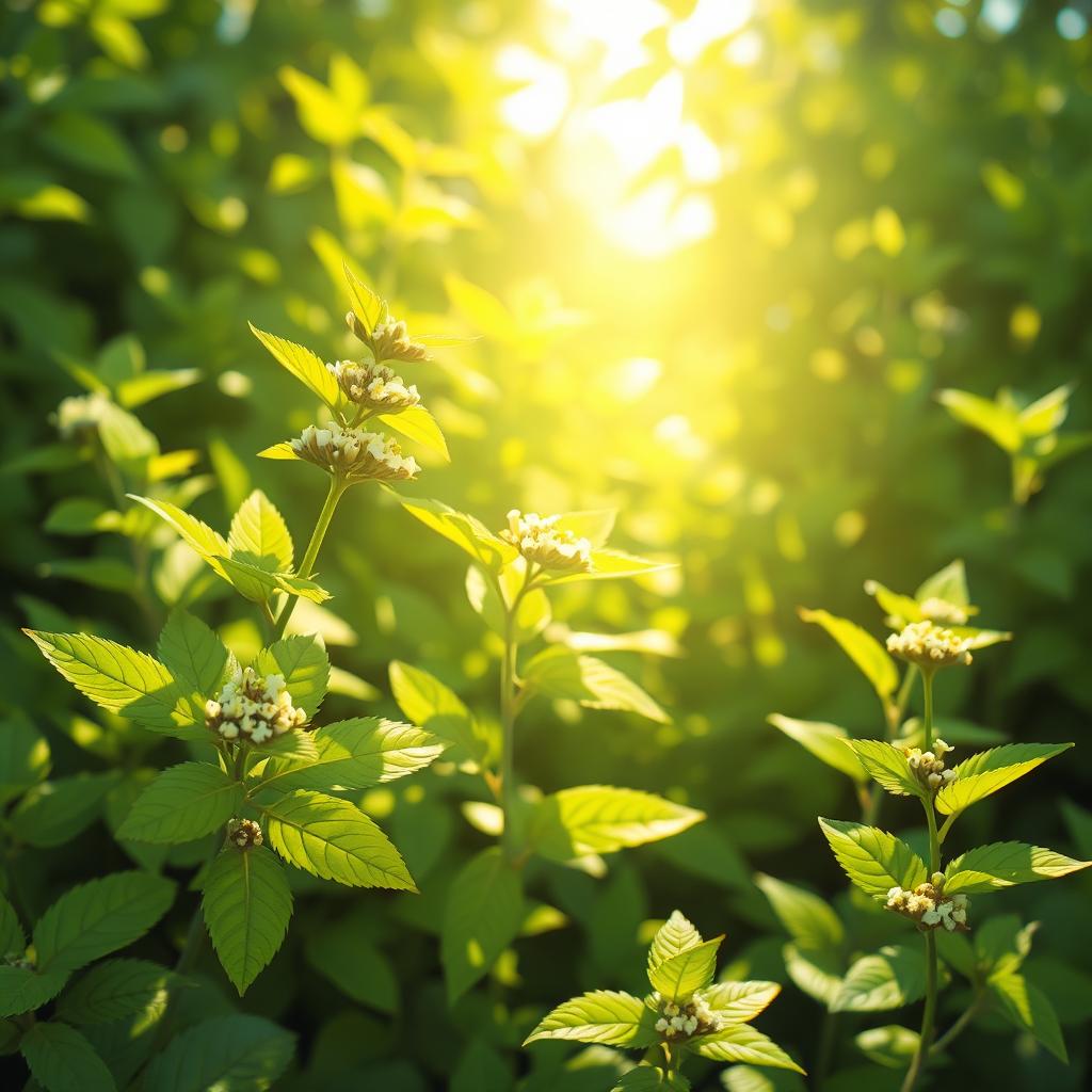 A beautiful and serene illustration of lemon balm (erva cidreira) in a lush garden setting