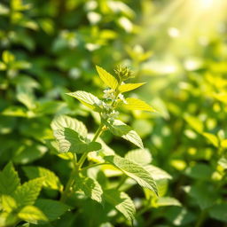 A beautiful and serene illustration of lemon balm (erva cidreira) in a lush garden setting