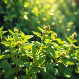 A beautiful and serene illustration of lemon balm (erva cidreira) in a lush garden setting