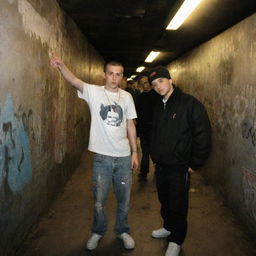 Underground Russian rap scene atmosphere in 2007, showcasing urban streets, graffiti art, and hip-hop culture.