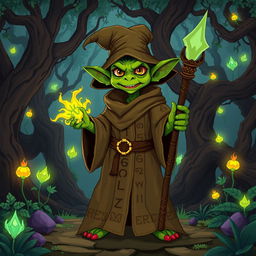 A wizard goblin standing confidently in a mystical forest