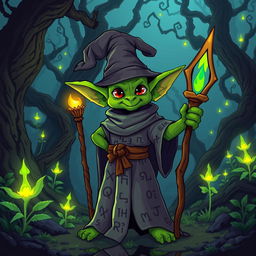 A wizard goblin standing confidently in a mystical forest