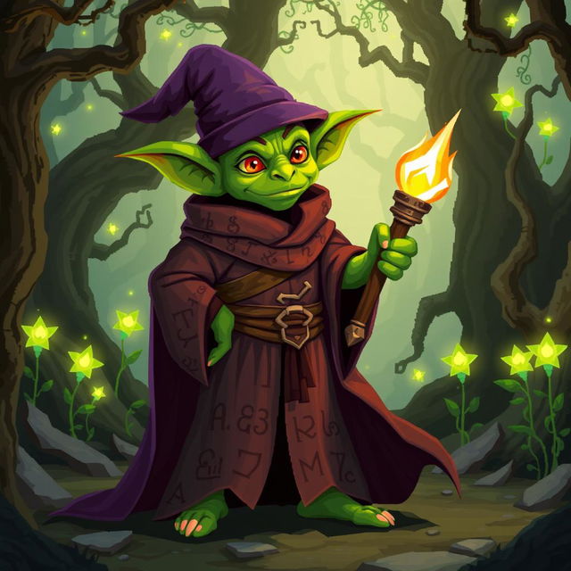 A wizard goblin standing confidently in a mystical forest