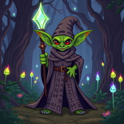 A wizard goblin standing confidently in a mystical forest