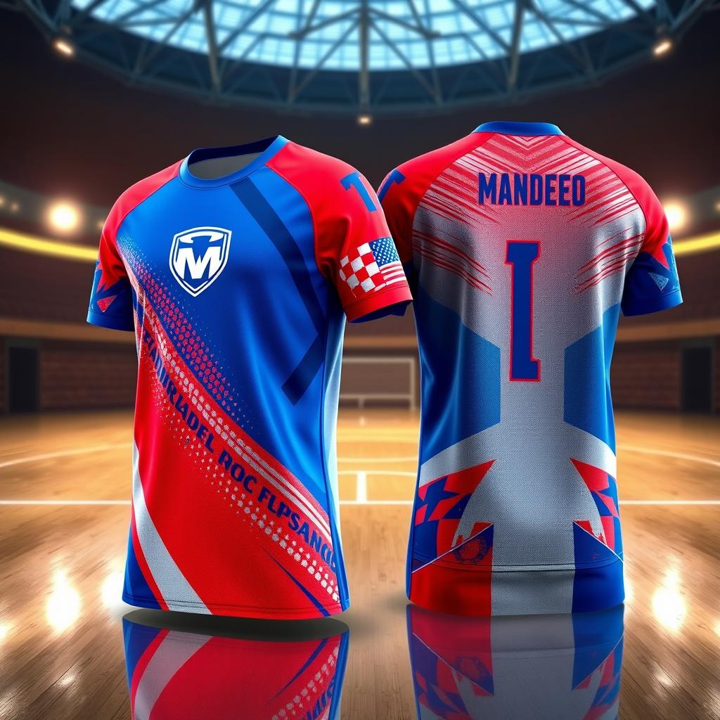 A vibrant image of a modern futsal jersey, featuring dynamic design elements