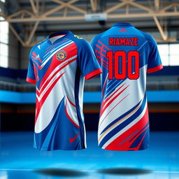 A vibrant image of a modern futsal jersey, featuring dynamic design elements