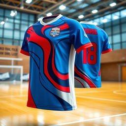 A vibrant image of a modern futsal jersey, featuring dynamic design elements