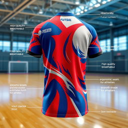 A vibrant image of a modern futsal jersey, featuring dynamic design elements