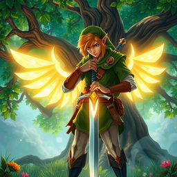 a heroic figure inspired by Link from Legend of Zelda, standing in a vibrant, mystical forest, carefully polishing his majestic sword