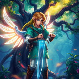 a heroic figure inspired by Link from Legend of Zelda, standing in a vibrant, mystical forest, carefully polishing his majestic sword