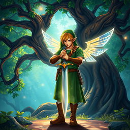 a heroic figure inspired by Link from Legend of Zelda, standing in a vibrant, mystical forest, carefully polishing his majestic sword