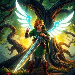 a heroic figure inspired by Link from Legend of Zelda, standing in a vibrant, mystical forest, carefully polishing his majestic sword