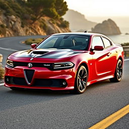 A Dodge car redesigned with distinct Alfa Romeo styling cues, resulting in a striking blend of American muscle and Italian elegance