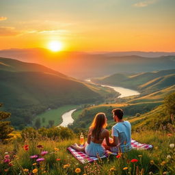 A serene, dreamy landscape, bathed in the warm glow of a setting sun, with lush green hills rolling in the distance