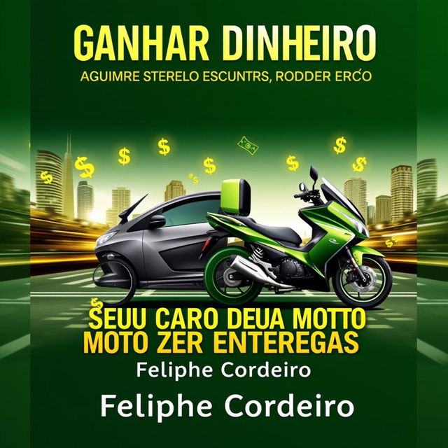 An ebook cover featuring a modern car and motorcycle side by side, both creatively integrated with dollar signs and monetary symbols to suggest profit through delivery services