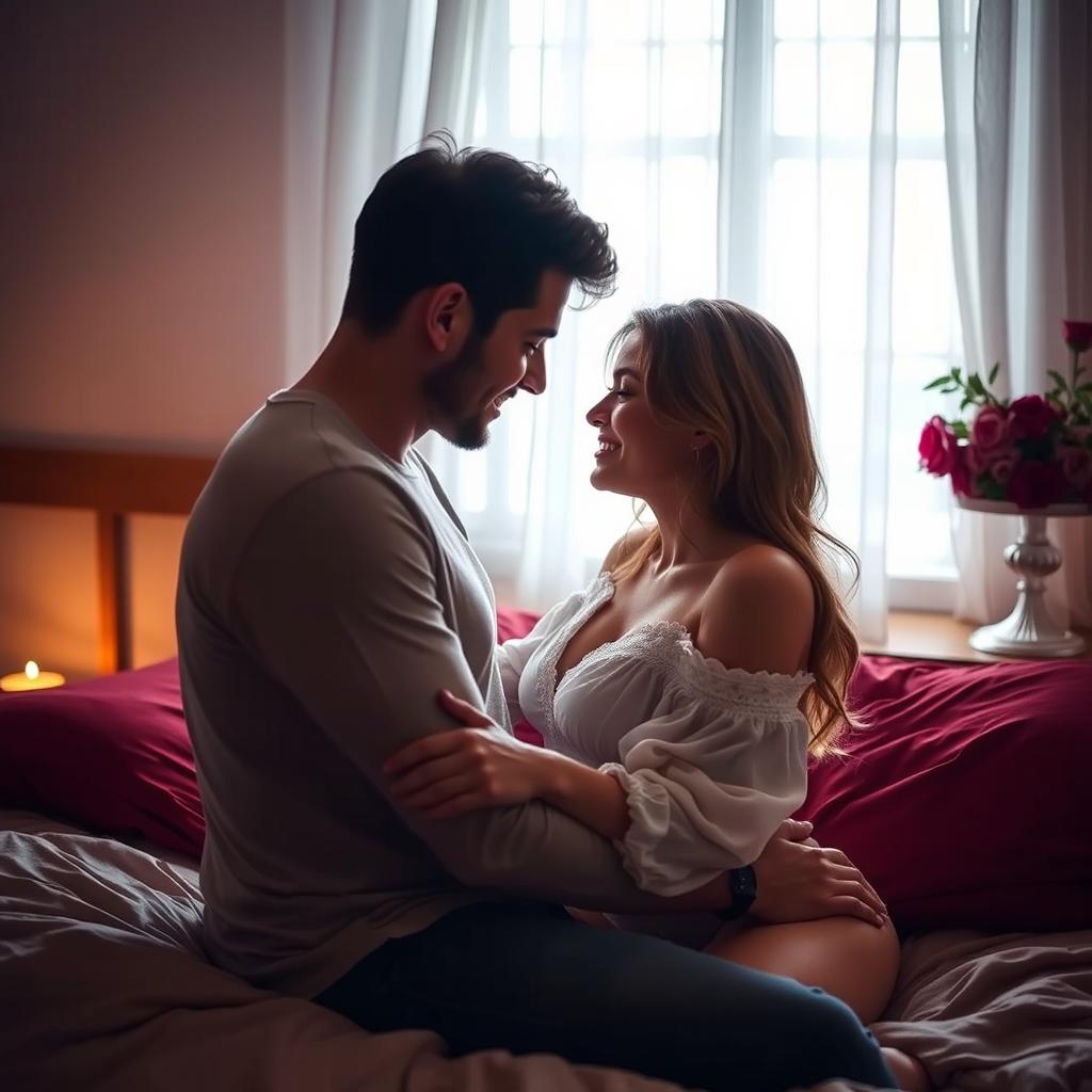 A romantic and intimate bedroom setting, capturing the passionate connection between a loving couple, with gentle caresses and a warm embrace