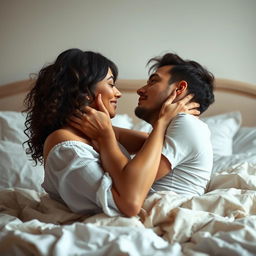 A romantic and intimate bedroom setting, capturing the passionate connection between a loving couple, with gentle caresses and a warm embrace